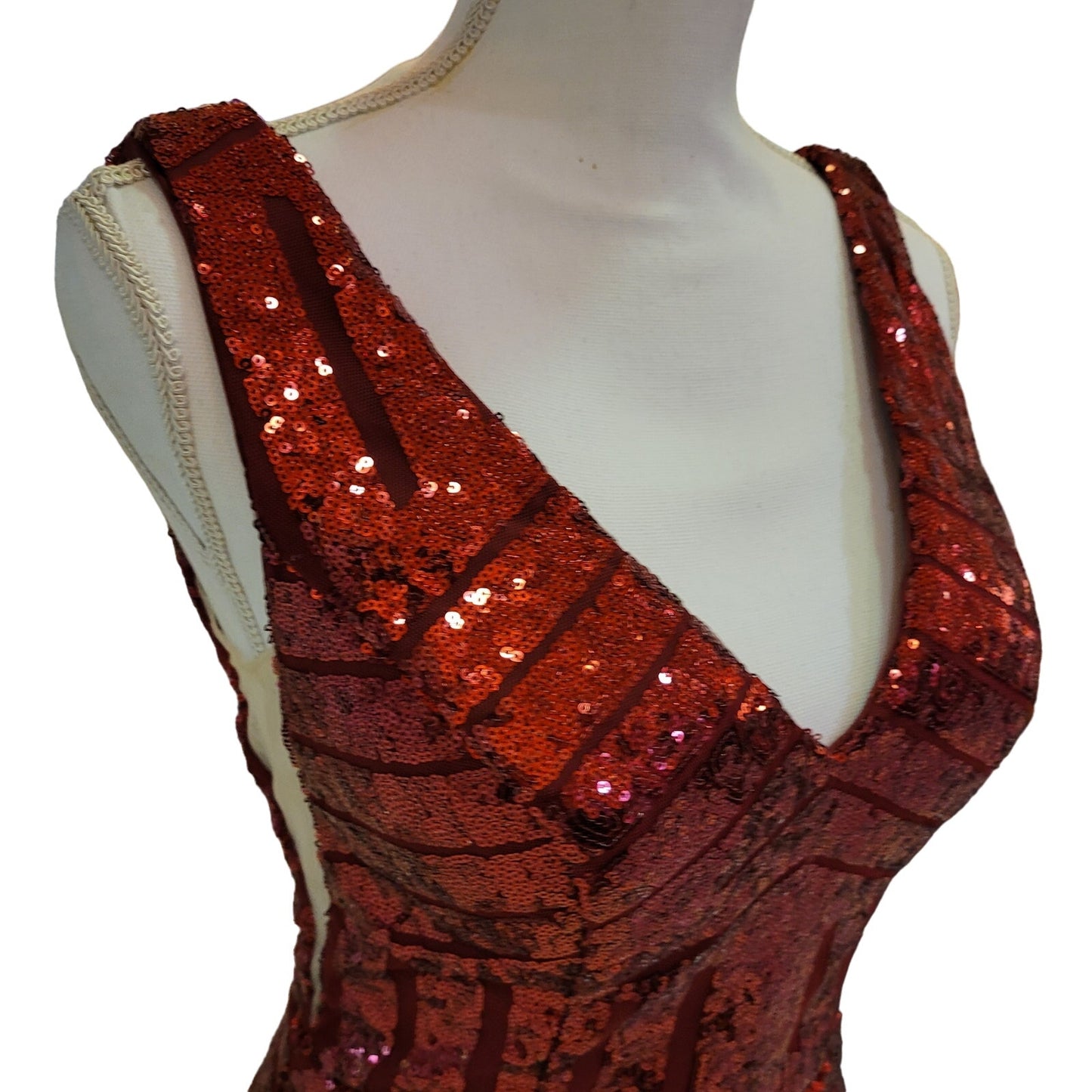 Women's Short Red Sequin Dress with V Neck and Low Back