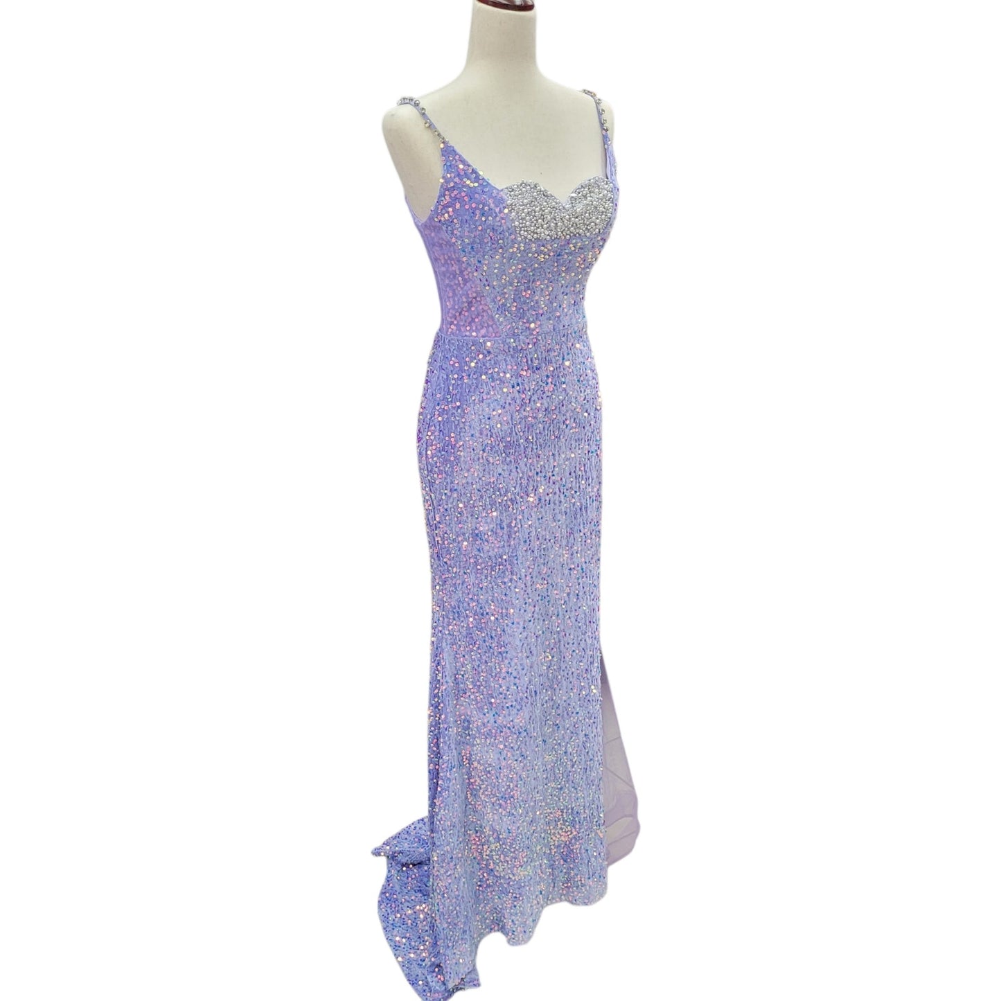Fitted Iridescent Sequin Gown with Pearl Detail Bust and Tulle Side Train
