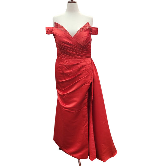 Silky Satin Off Shoulder Evening Gown with Full Corset Back and Wide V Neck