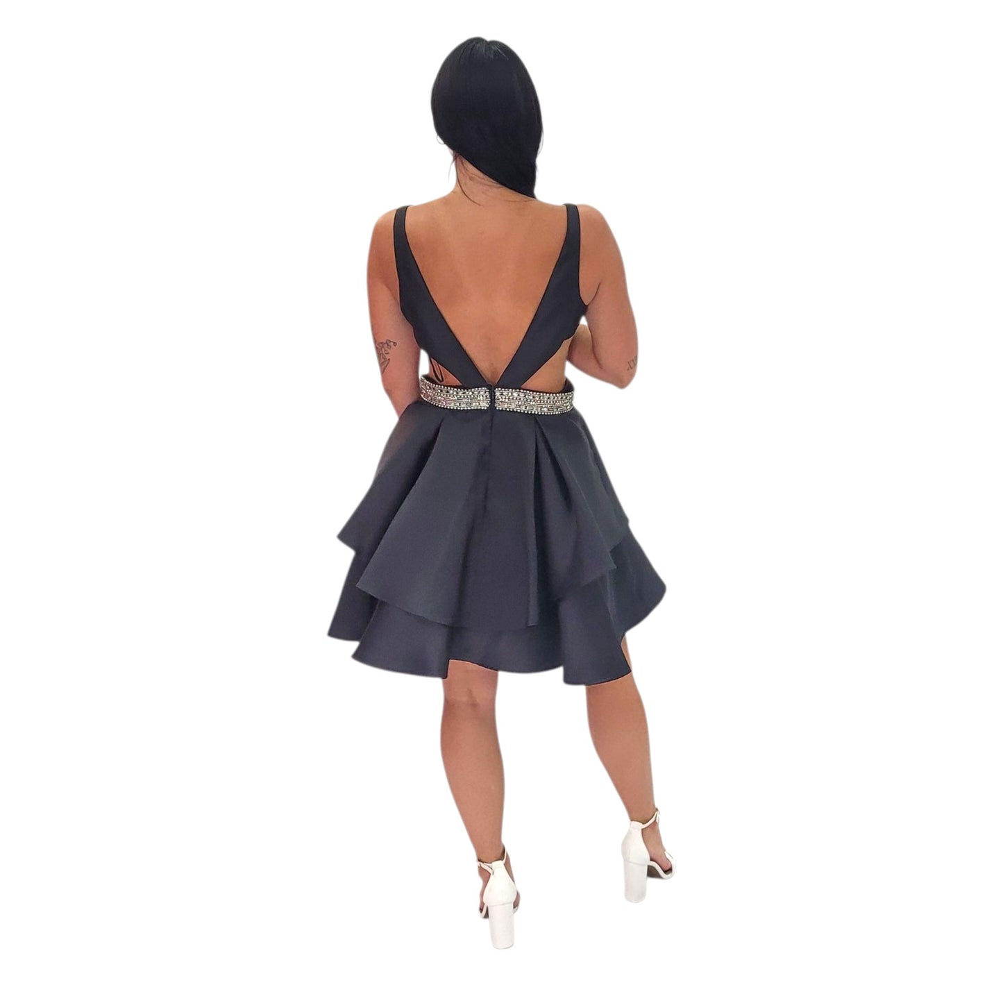Short Black Satin Cocktail Dress with Side Cutouts and Silver Jeweled Belt
