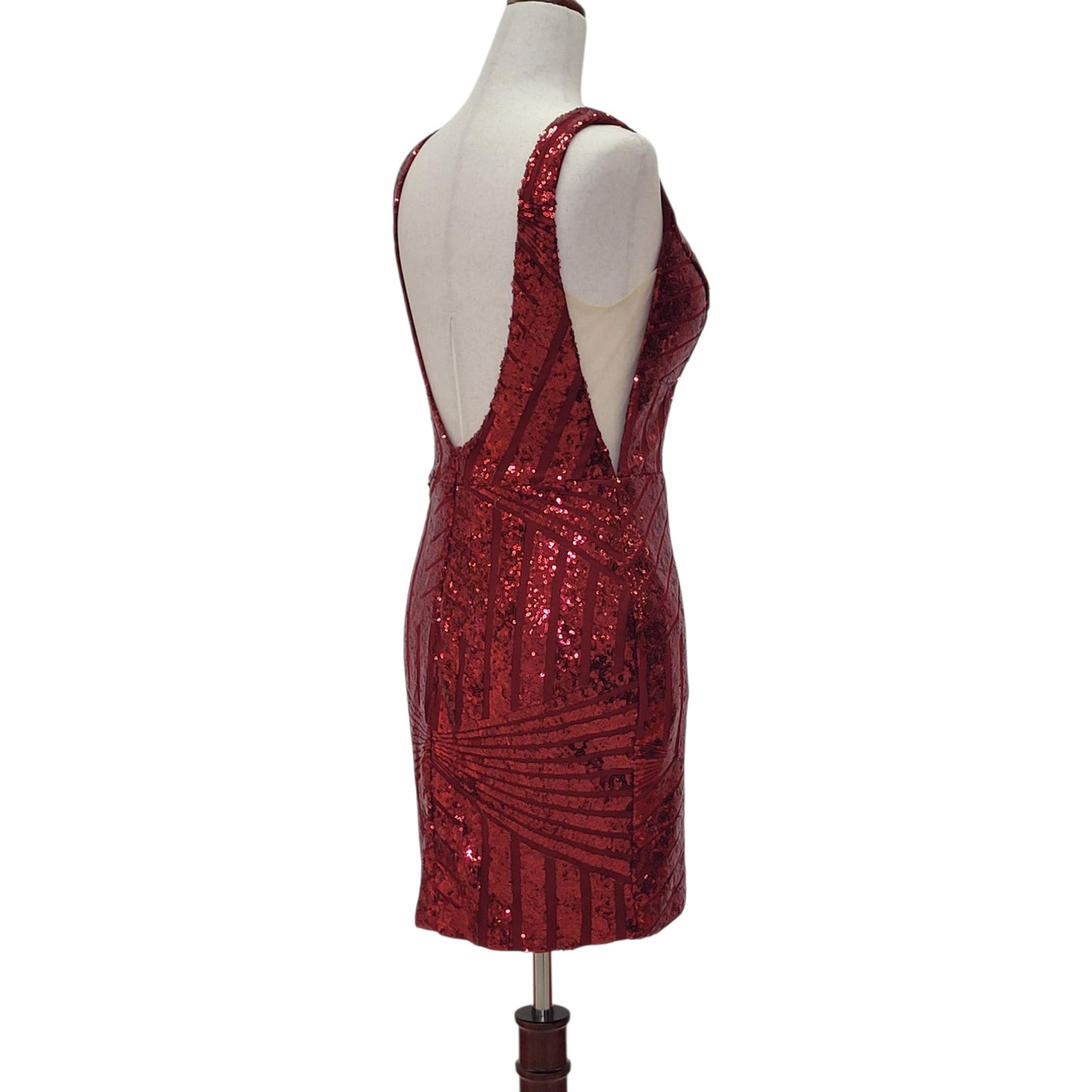 Women's Short Burgundy Sequin Dress with V Neck