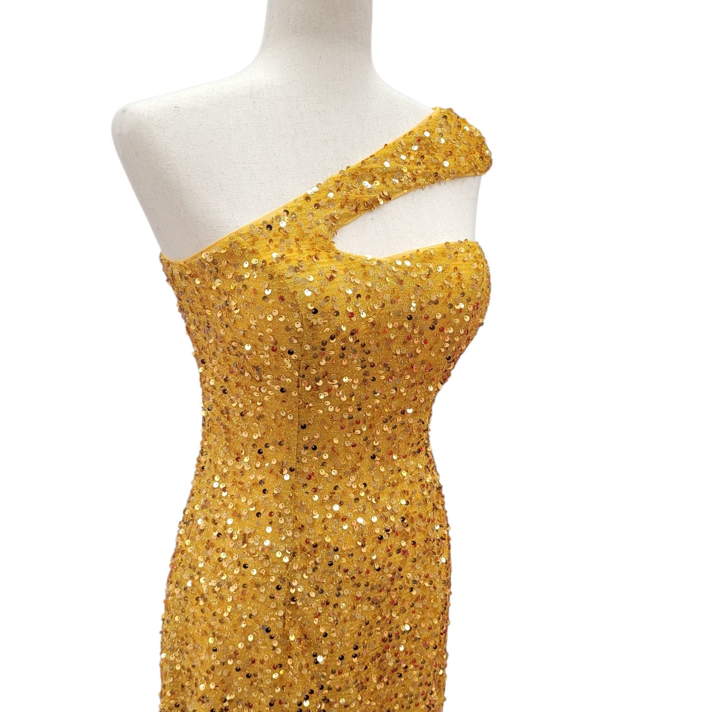 Fitted Gold Sequin Gown with Asymmetric Shoulder Strap