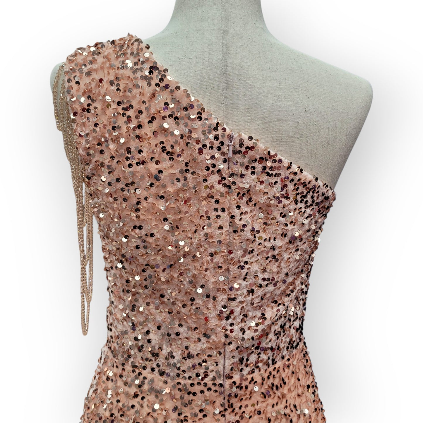 Rose Gold One Shoulder Cutout Sequin Gown with Train and Beaded Shoulder Overlay