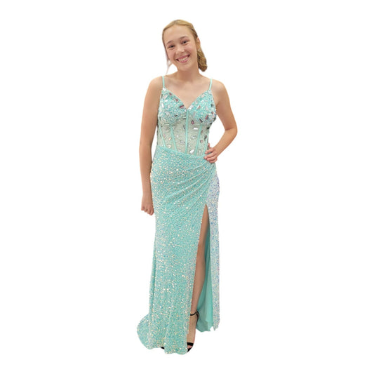 Sequin Evening Gown with Detailed Jeweled Bodice and Corset Back
