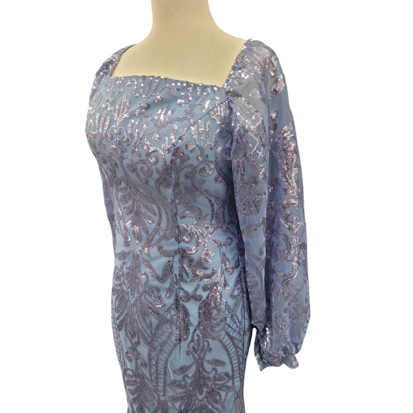Long Sleeved Patterned Sequin Gown in Blue