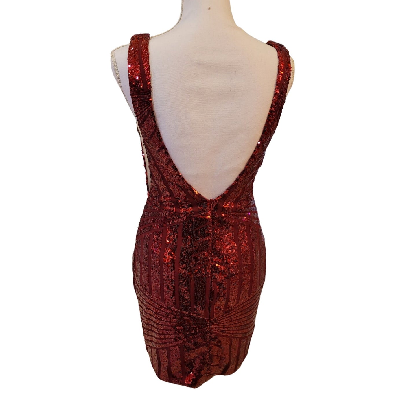 Women's Short Red Sequin Dress with V Neck and Low Back