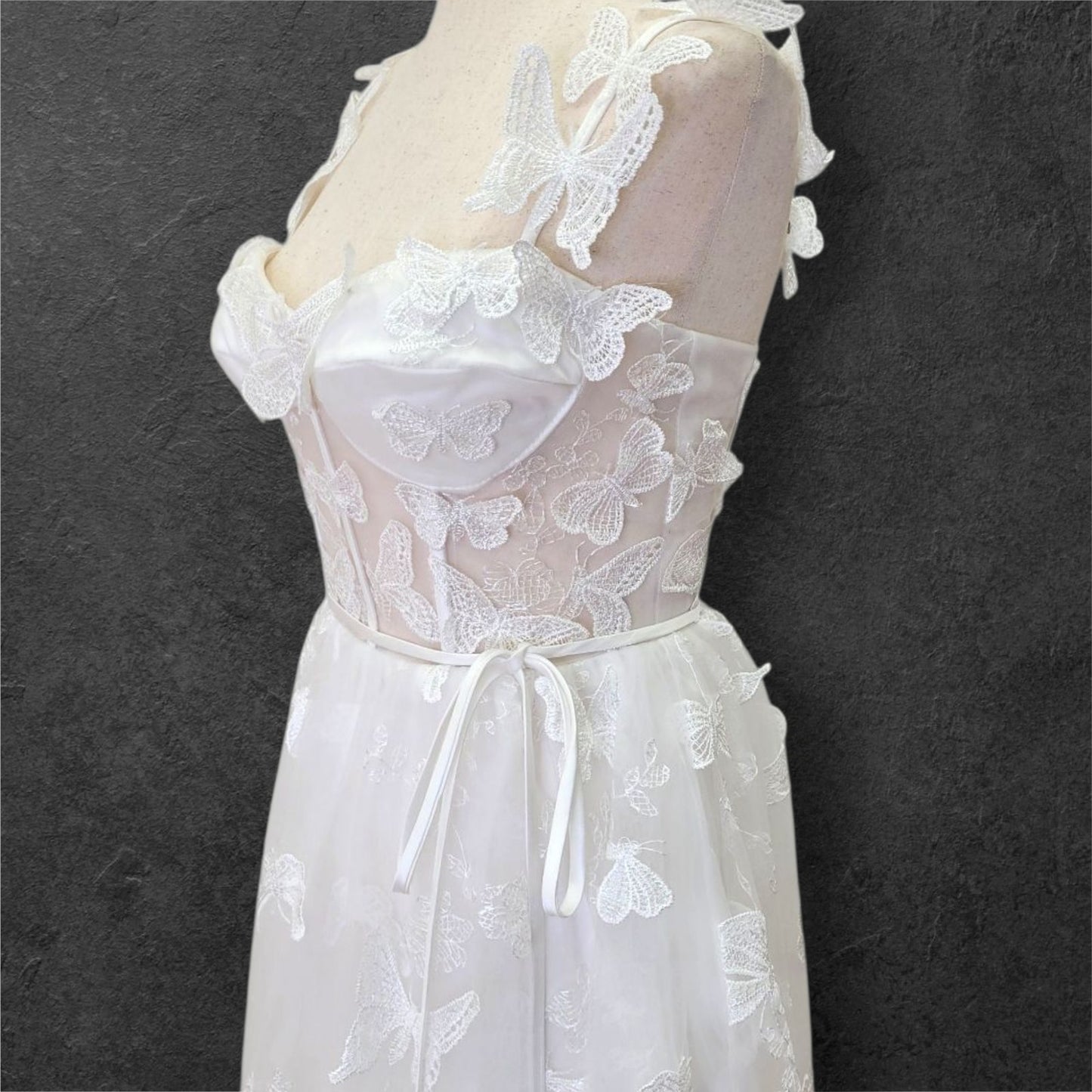 Butterfly Wedding Dress with Sheer Bodice and Corset Back