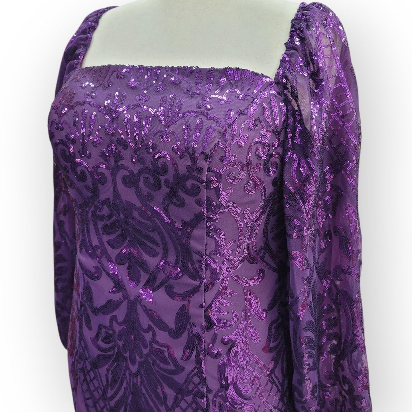 Long Sleeved Fitted Purple Sequin Dress