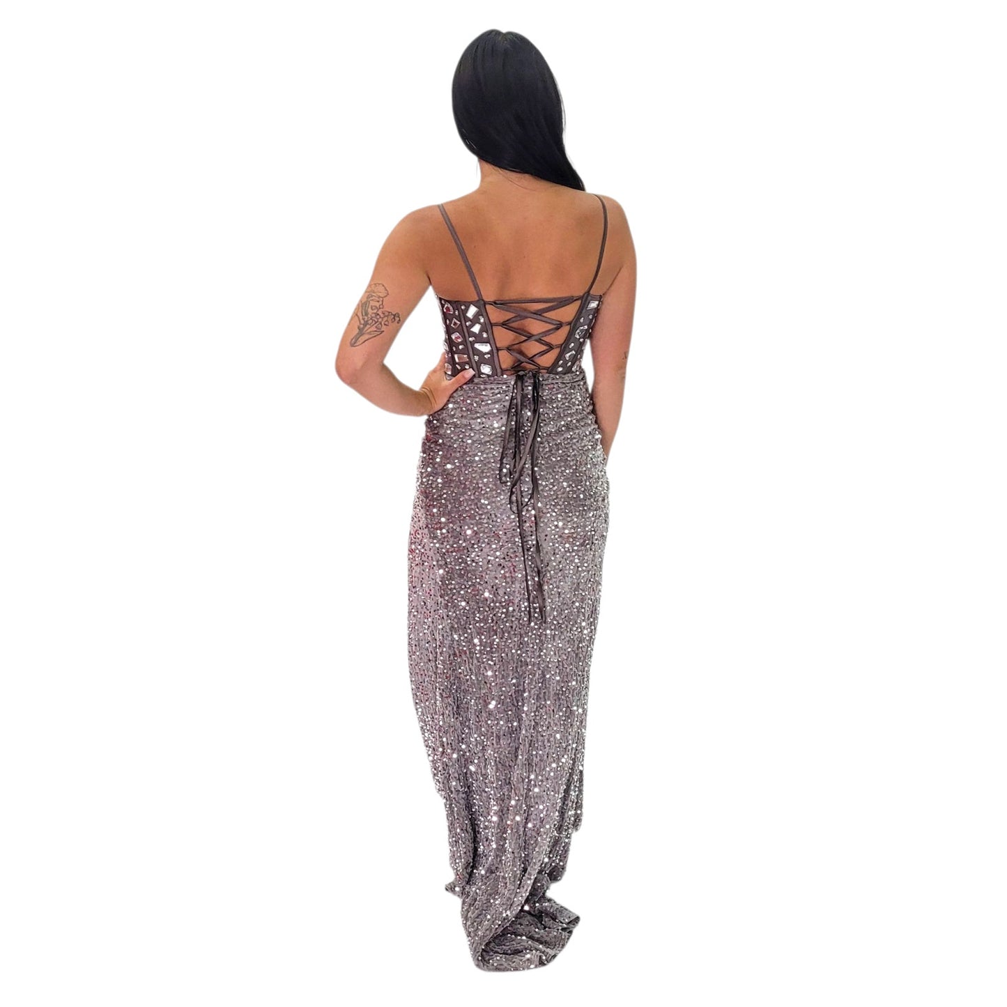 Silver Sequin Gown with Chunky Jeweled Bodice and Corset Back