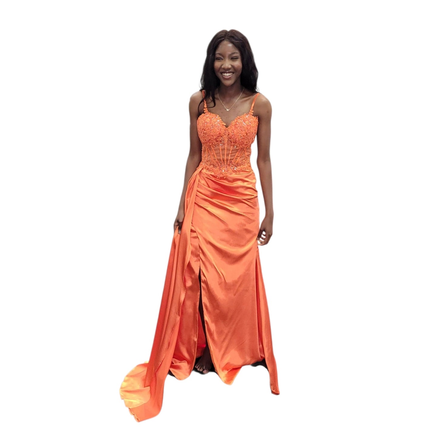Orange Evening Gown with Detailed Bodice and Silky Satin Skirt