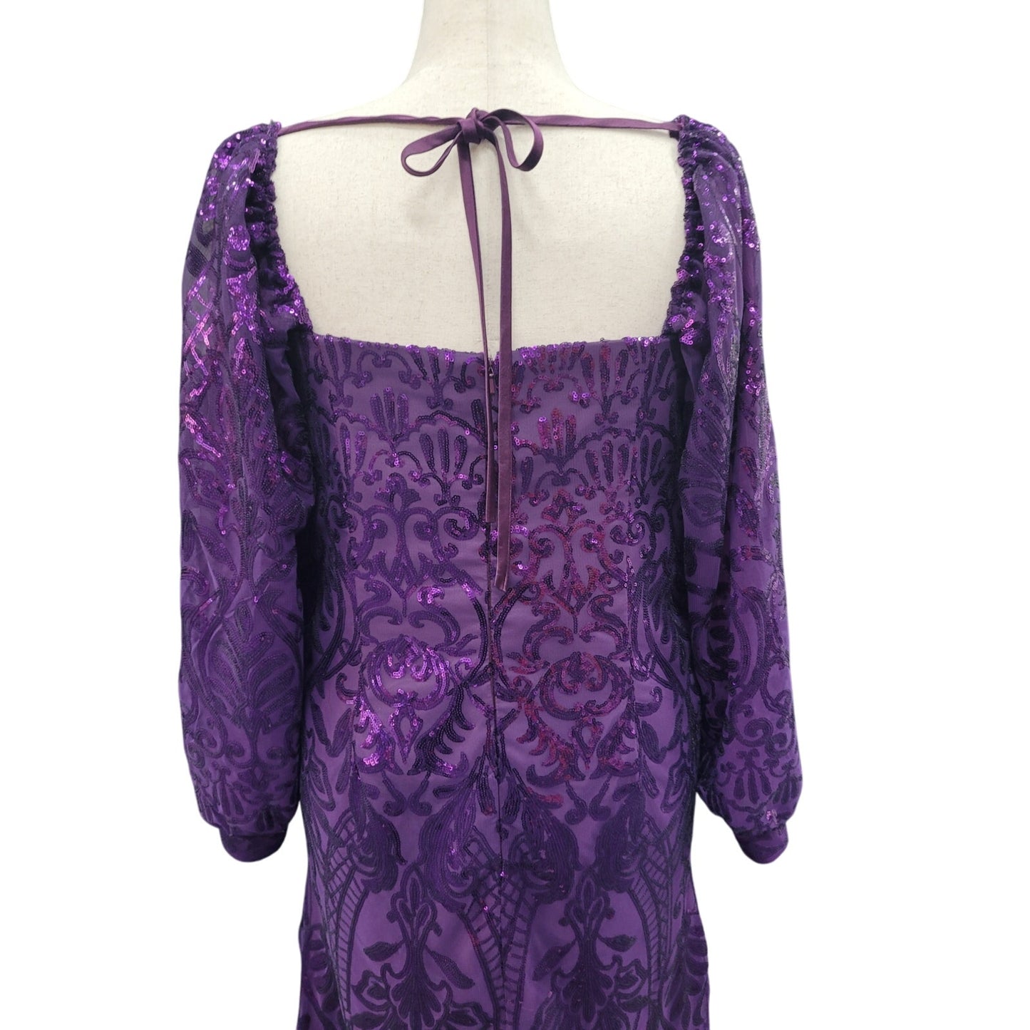 Long Sleeved Patterned Sequin Gown in Purple