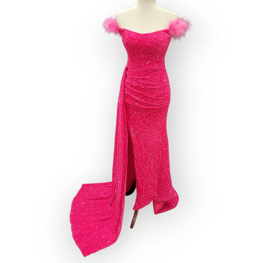 Hot Pink Evening Gown with Feathered Off-Shoulder Straps and Side Train