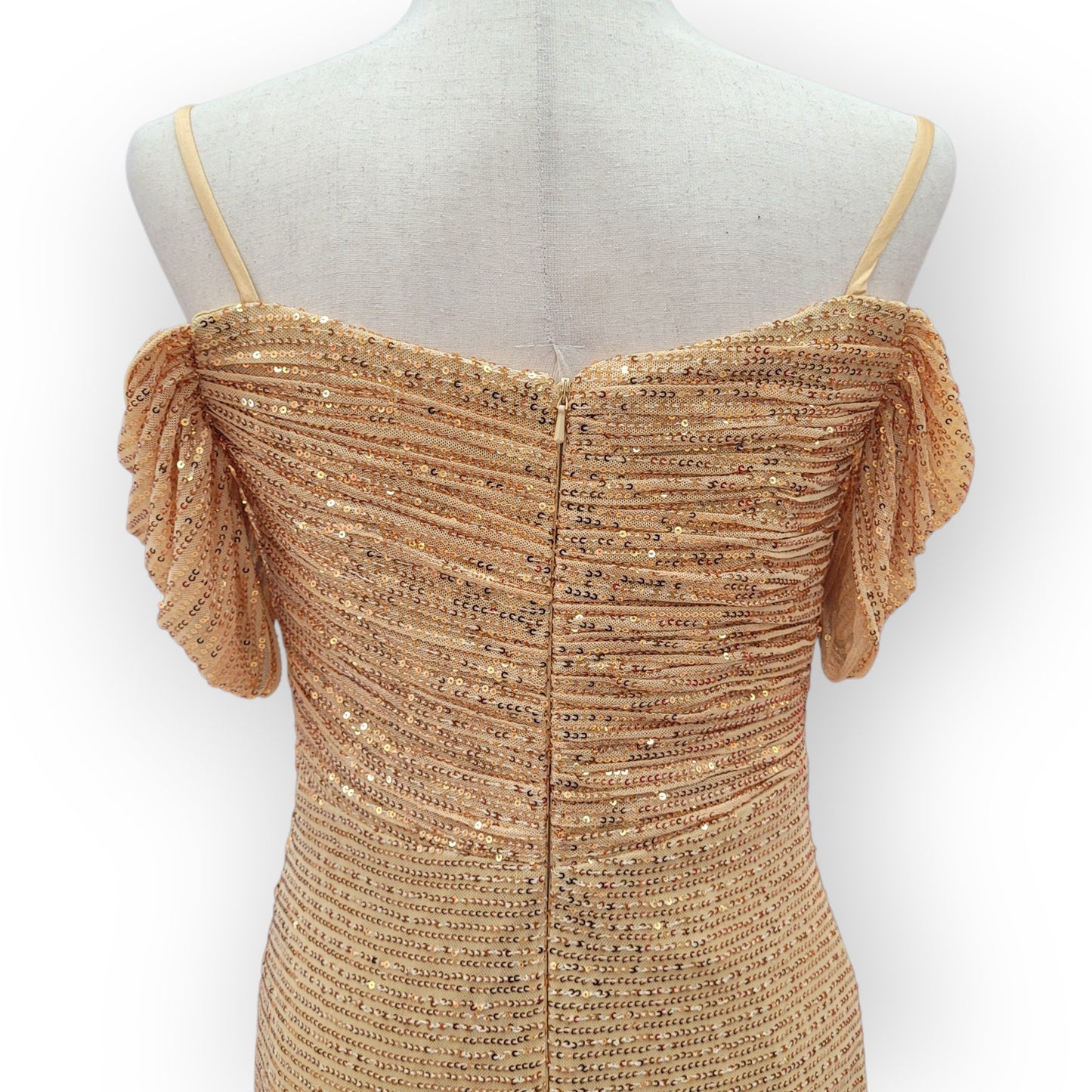 Gold Off-Shoulder Sequin Gown with Ruched Bodice