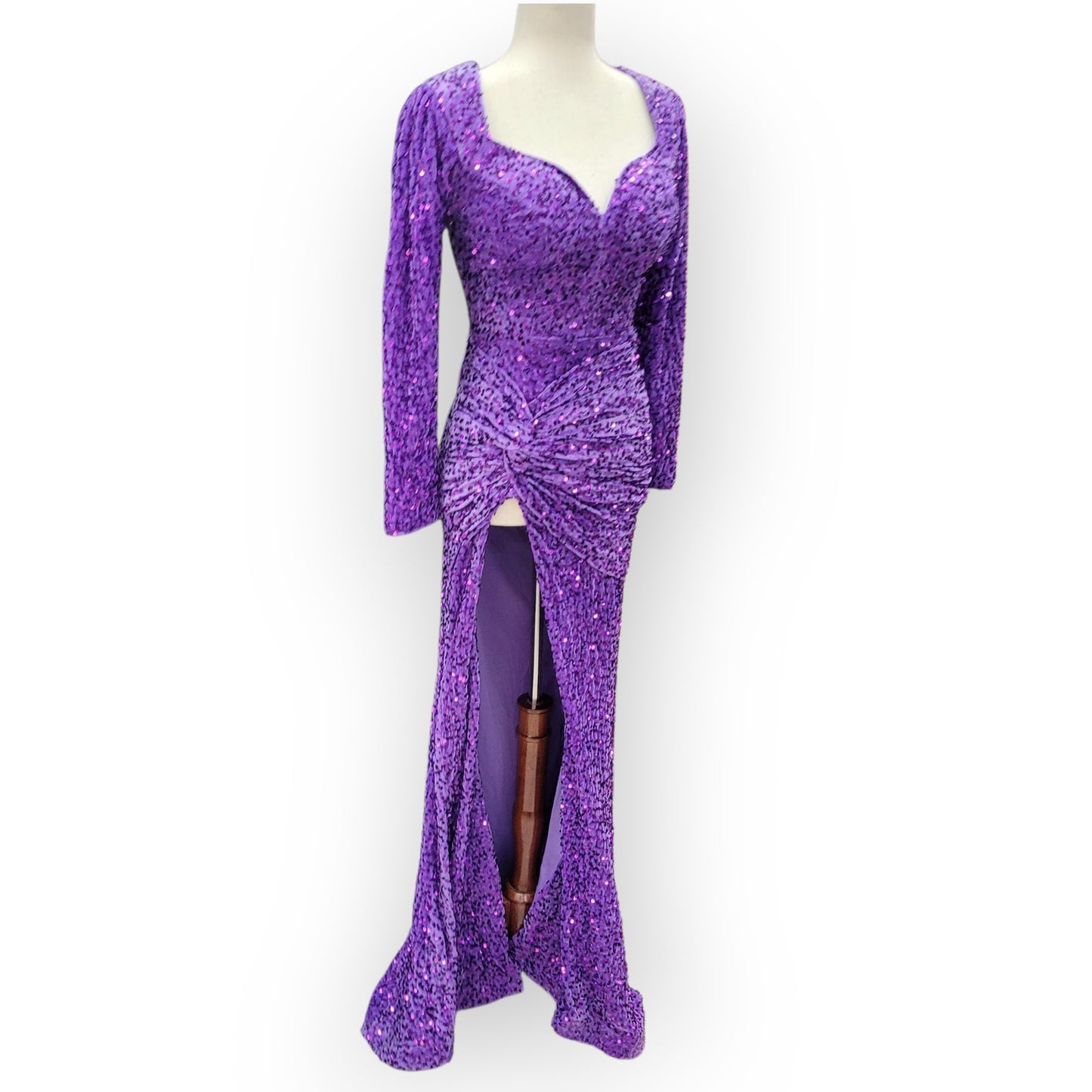 Fitted Long Sleeve Sequin Gown with Leg Slit and Corset Back