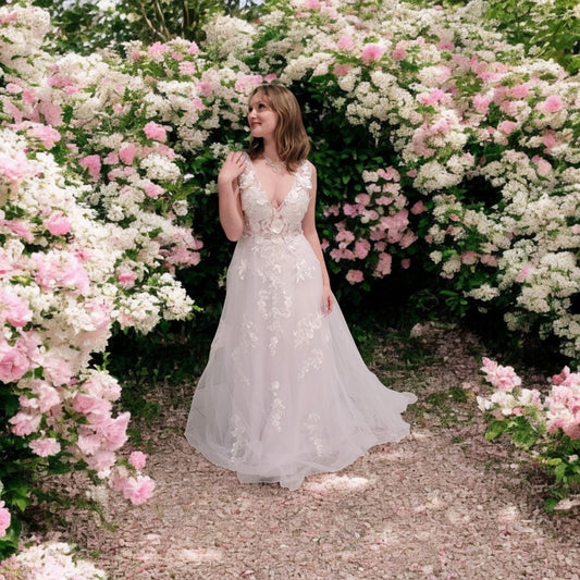 Romantic A Line V Neck Wedding Dress with Flower Appliques