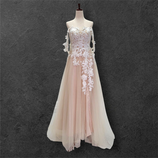 Beige Champagne Wedding Dress with White Floral Appliques