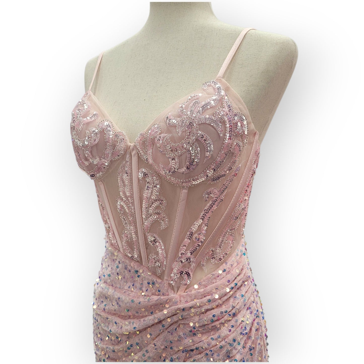 Light Pink Sequin Gown with Detailed Bodice