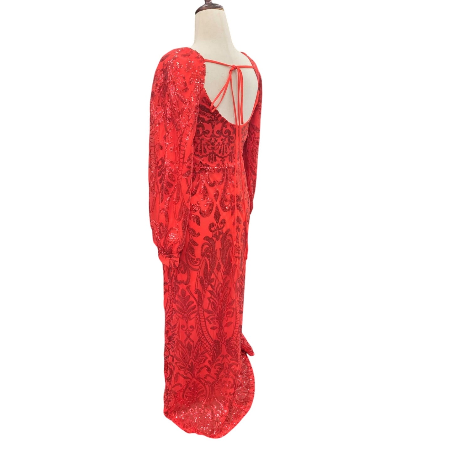 Long Sleeved Patterned Sequin Gown Bright Red Size 12
