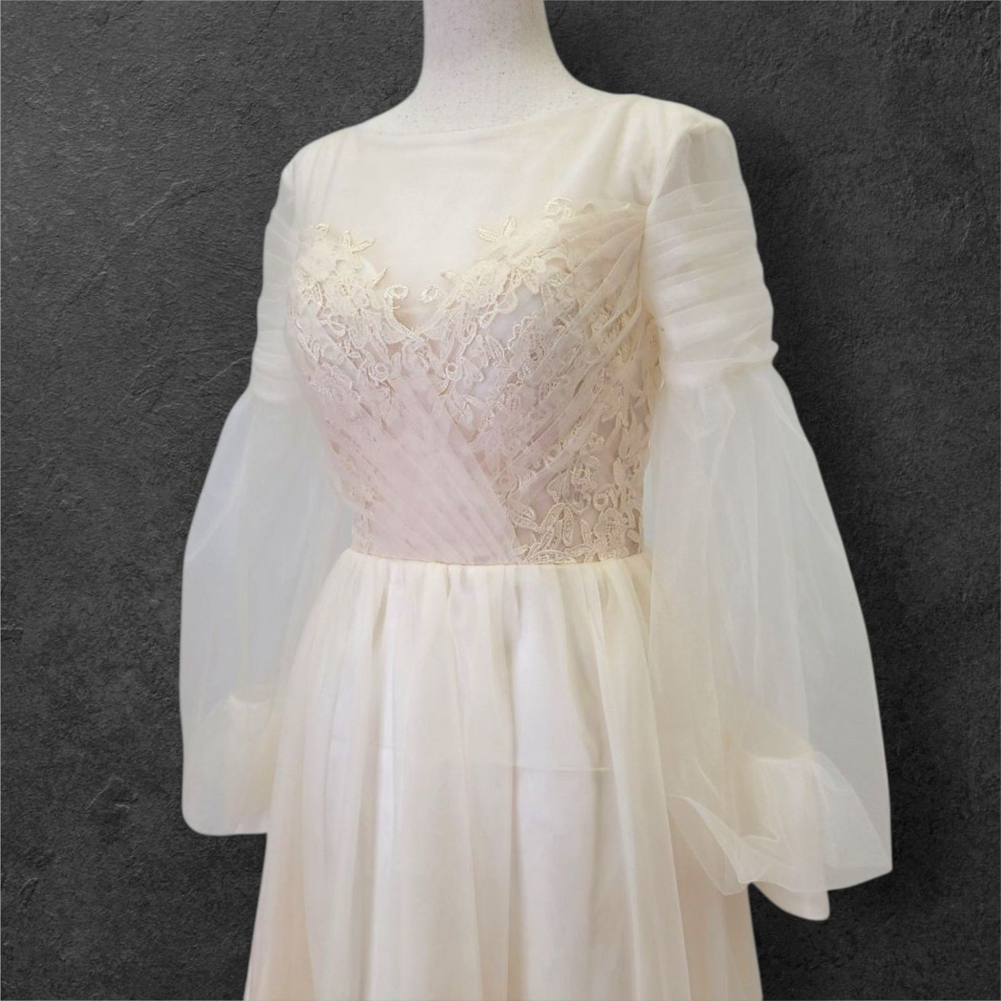 A Line Champagne Wedding Dress with Long Tulle Sleeves and Full Corset
