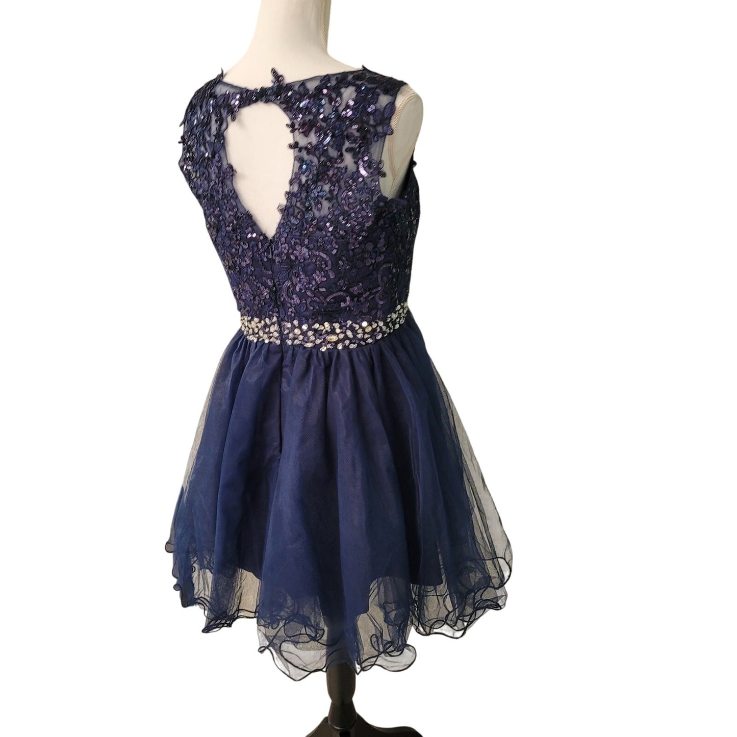 Women's Navy Short Dress Embroidered Bodice Keyhole Back