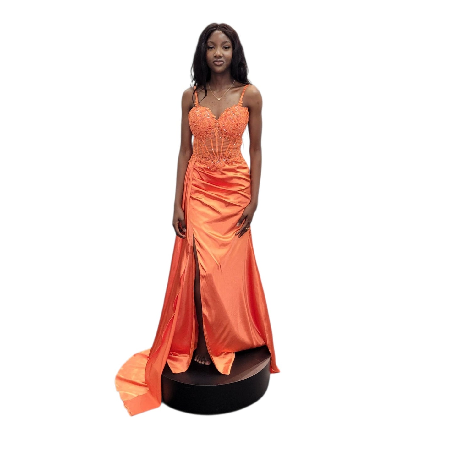 Orange Evening Gown with Detailed Bodice and Silky Satin Skirt