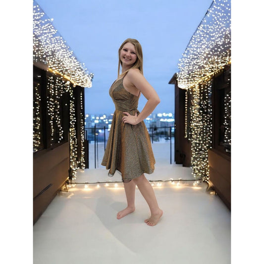 Gold Sparkle Cocktail Dress with V Neck and Low Back