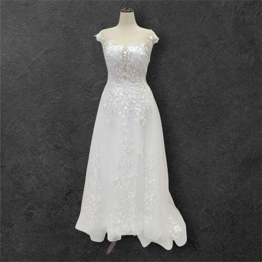 Cap Sleeve Wedding Dress with Floral Embroidery on Sparkle Fabric