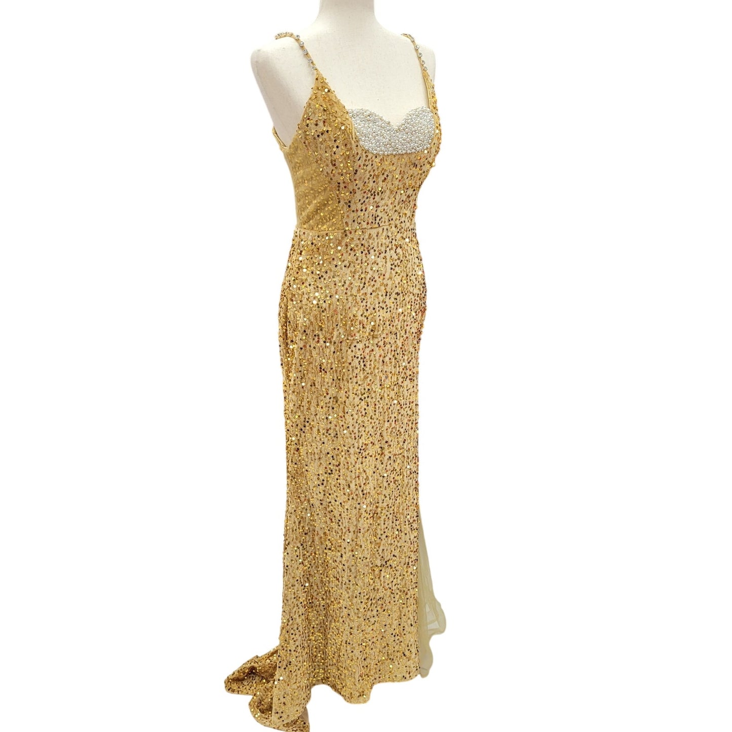 Fitted Gold Sequin Gown with Pearl Detail Bust and Tulle Side Train