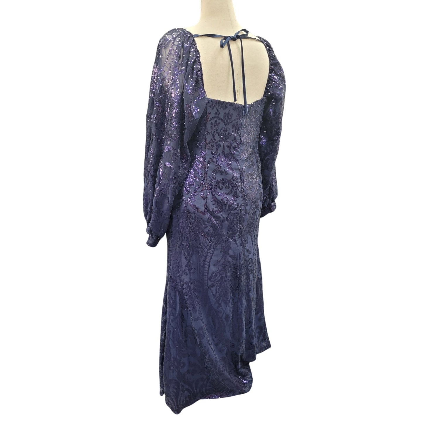 Long Sleeved Patterned Sequin Gown in Navy Blue
