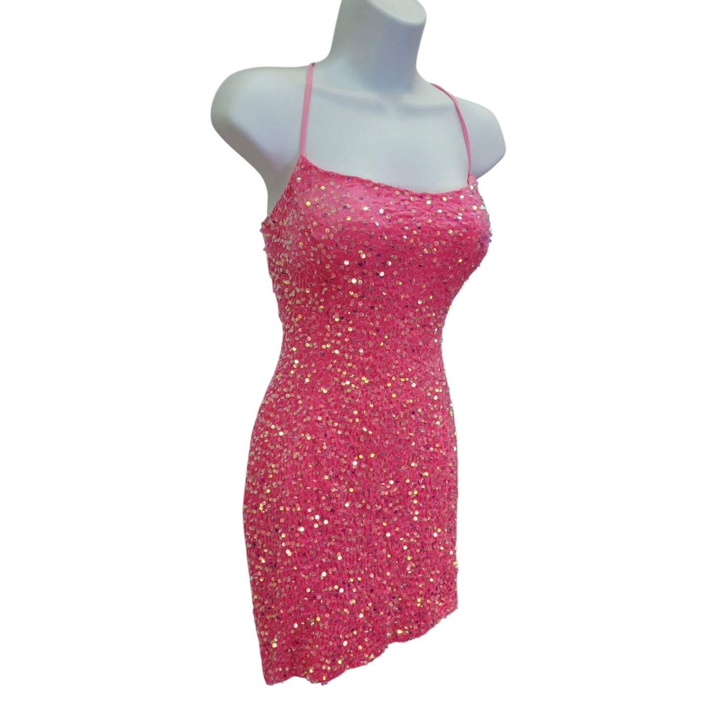 Women's Bubblegum Pink Short Sequin Scoop Neck Corset Back Dress
