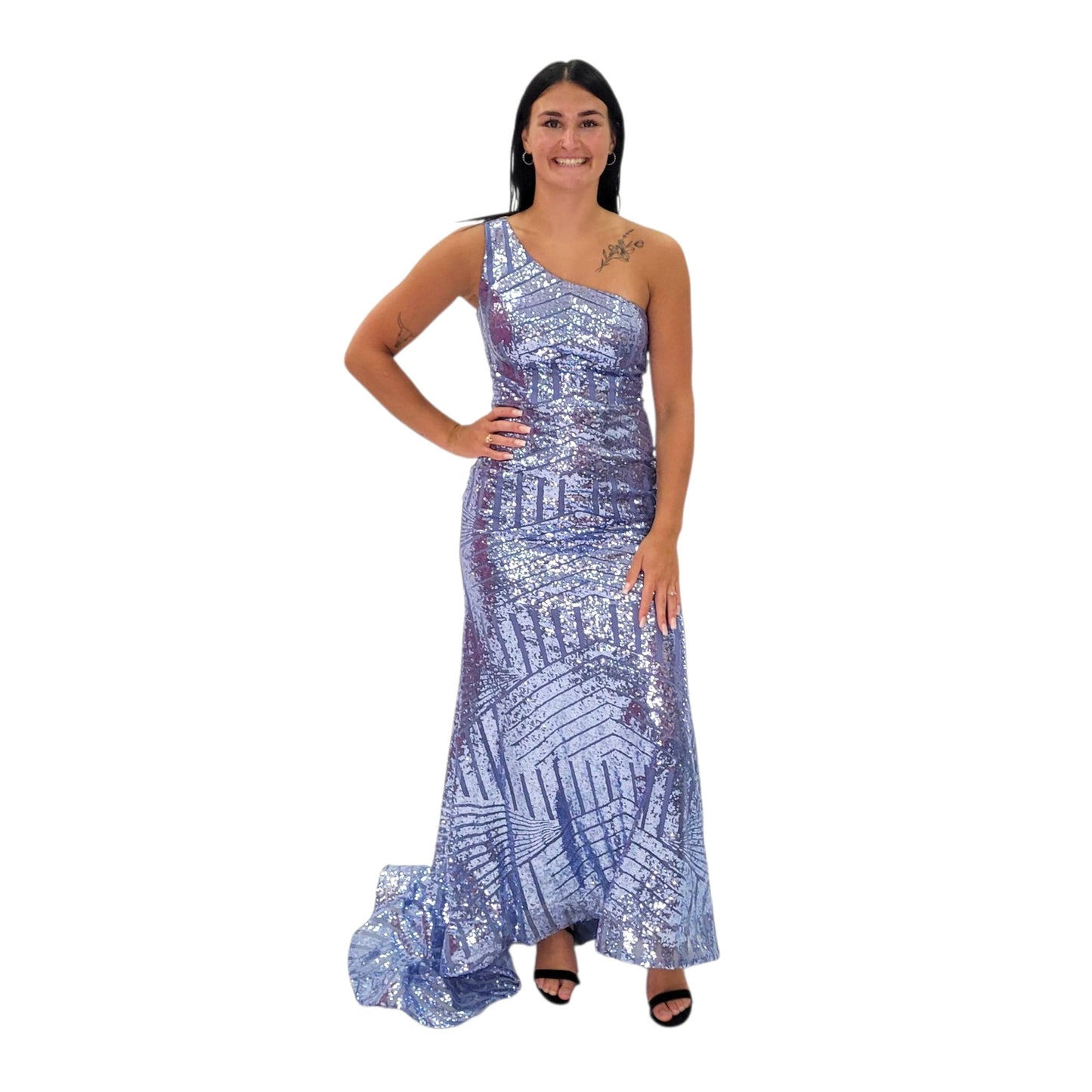 Light Blue Patterned Sequin Evening Gown with One Shoulder