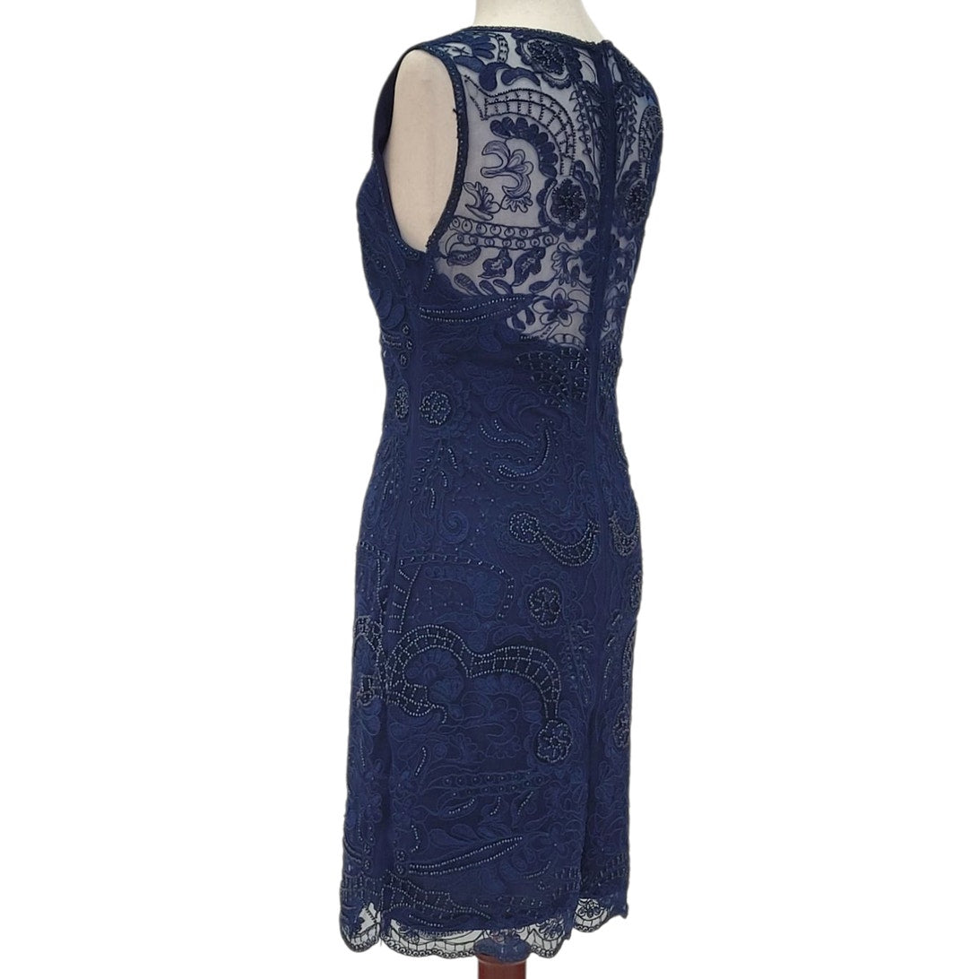 Navy Blue Scoop Neck Cocktail Dress with Beautiful Detailed Bead Overlay