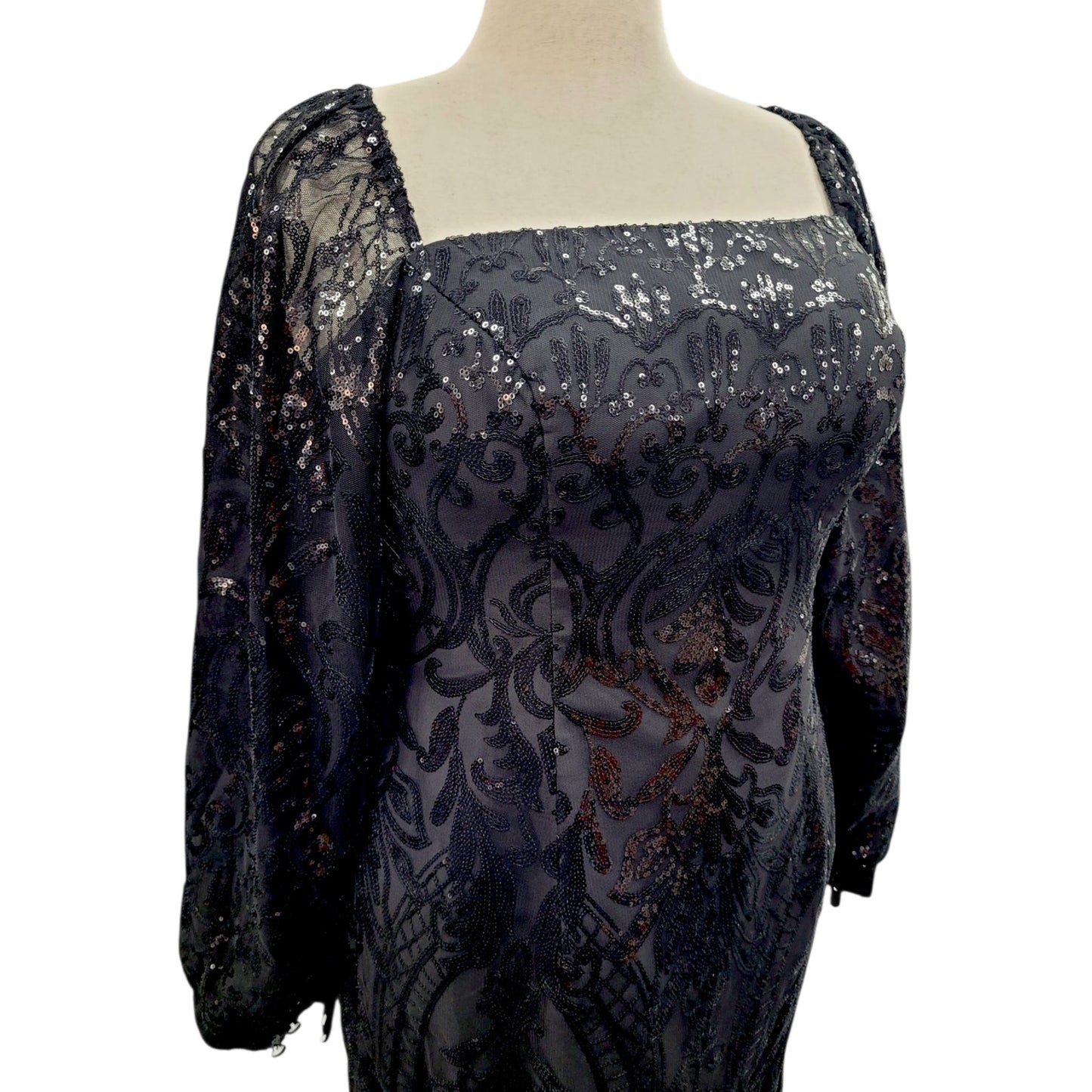 Long Sleeved Patterned Sequin Gown in Black