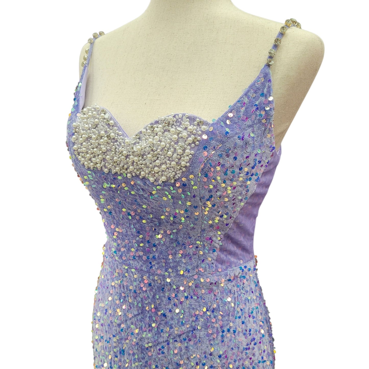 Fitted Iridescent Sequin Gown with Pearl Detail Bust and Tulle Side Train