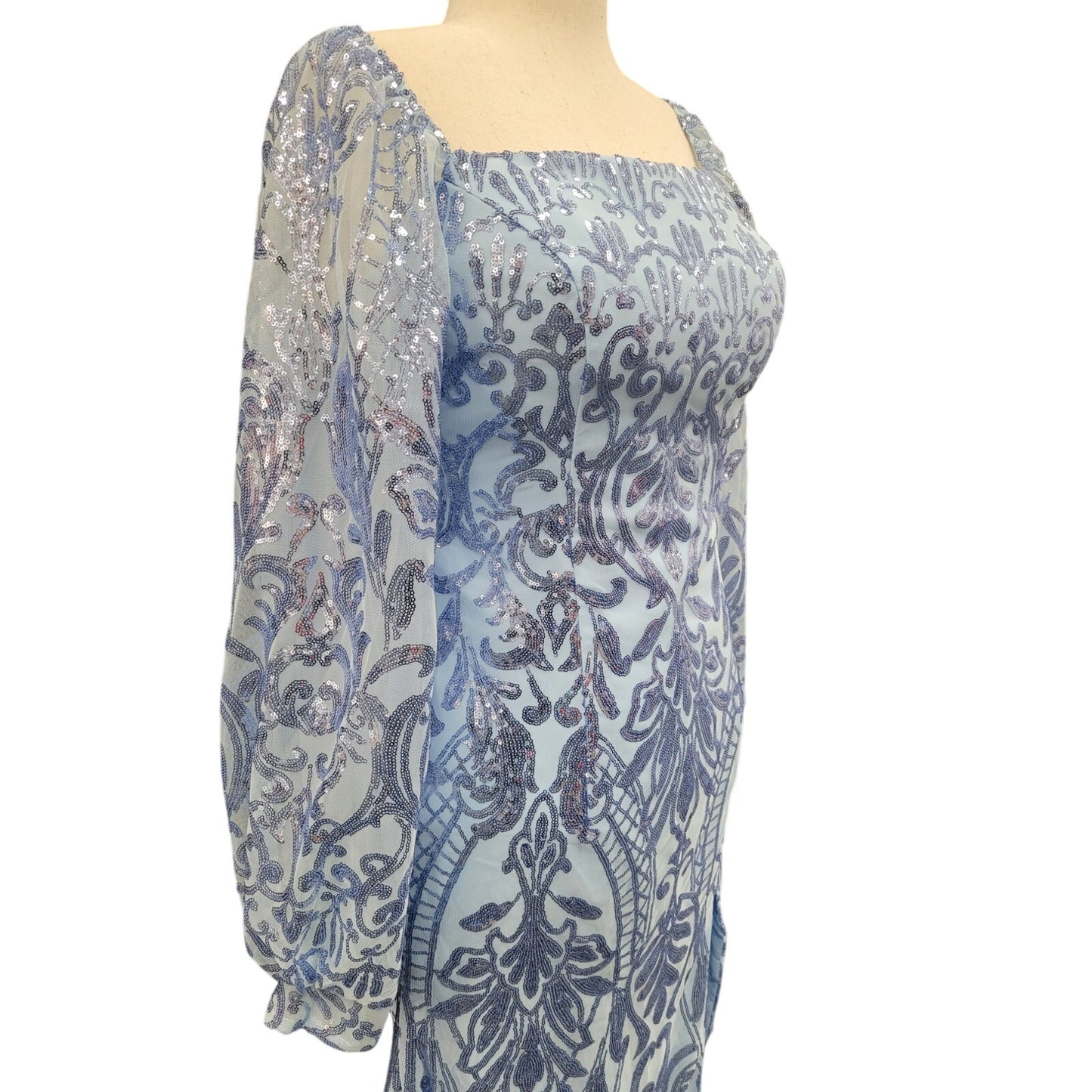 Long Sleeved Patterned Sequin Gown in Light Blue