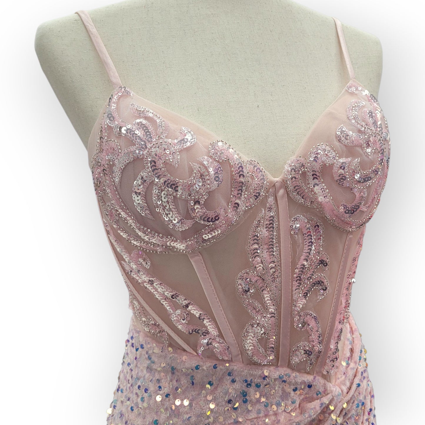 Light Pink Sequin Gown with Detailed Bodice
