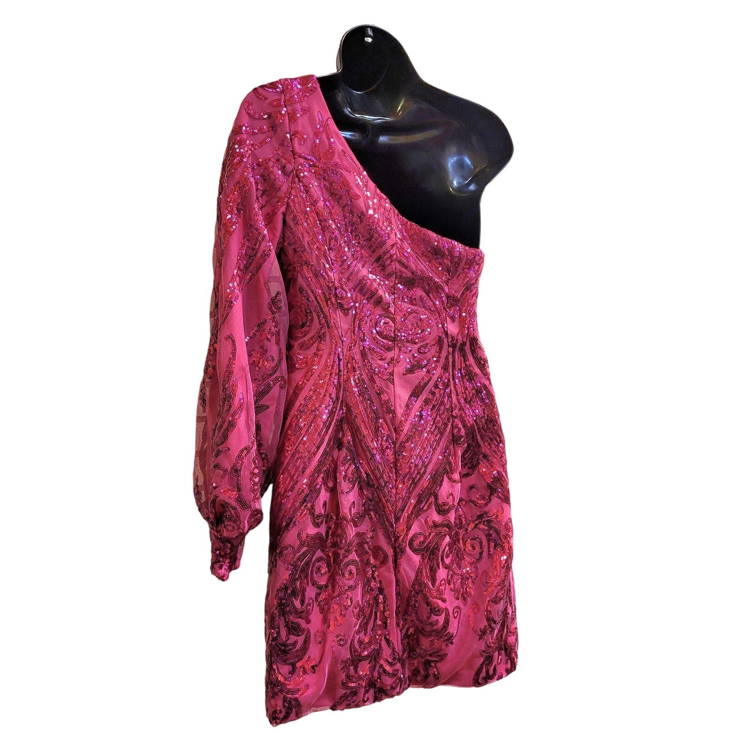 Women's Hot Pink Short Asymmetrical Formal Dress One Sleeve