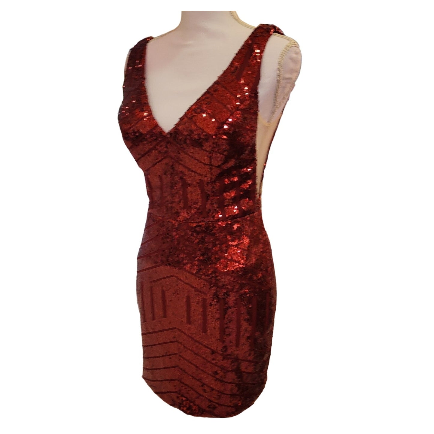 Women's Short Red Sequin Dress with V Neck and Low Back