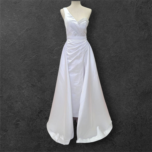 One Shoulder Satin Wedding Dress with Detachable Skirt