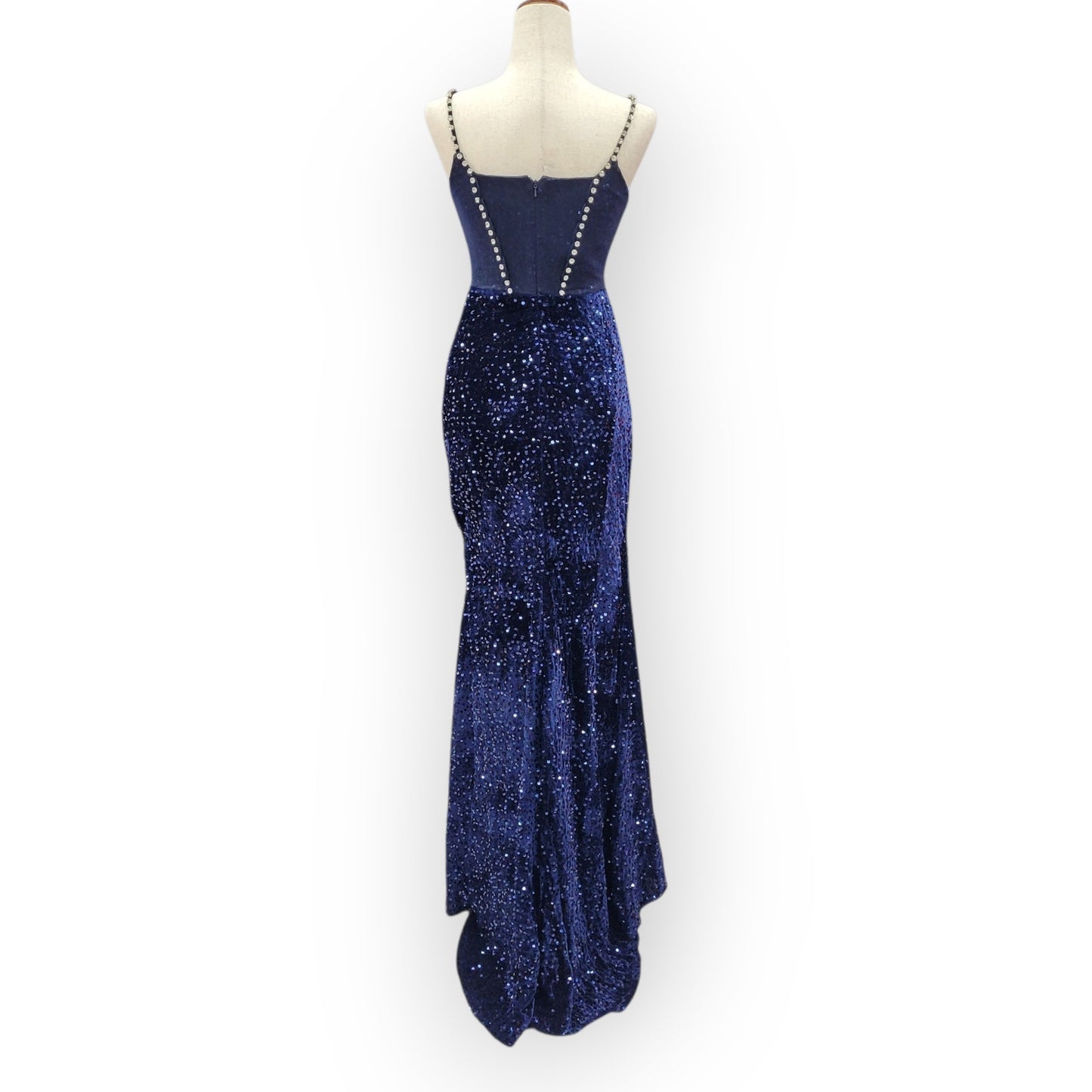 Fitted Navy Blue Sequin Gown with Pearl Detail Bust and Tulle Side Train