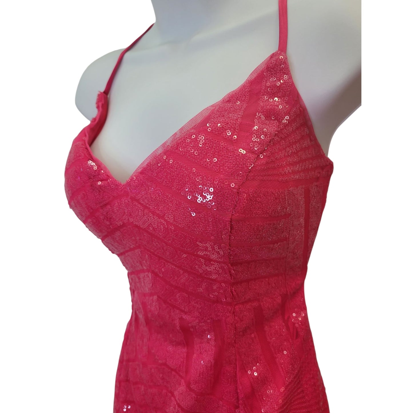 Women's Short Hot Pink Sequin Patterned Dress with Strappy Corset Back