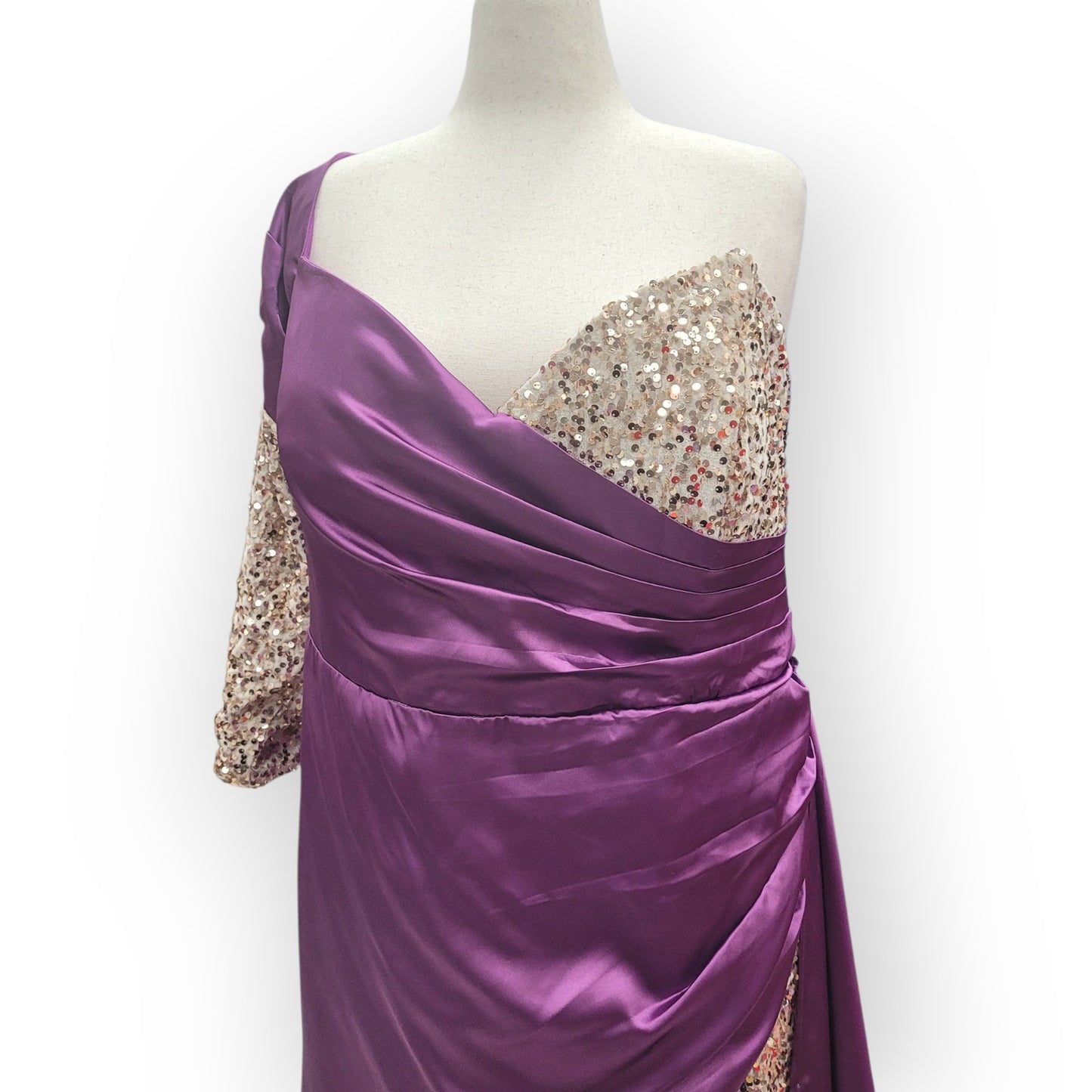 Asymmetric Purple Gown with Gold Sequins and Side Train