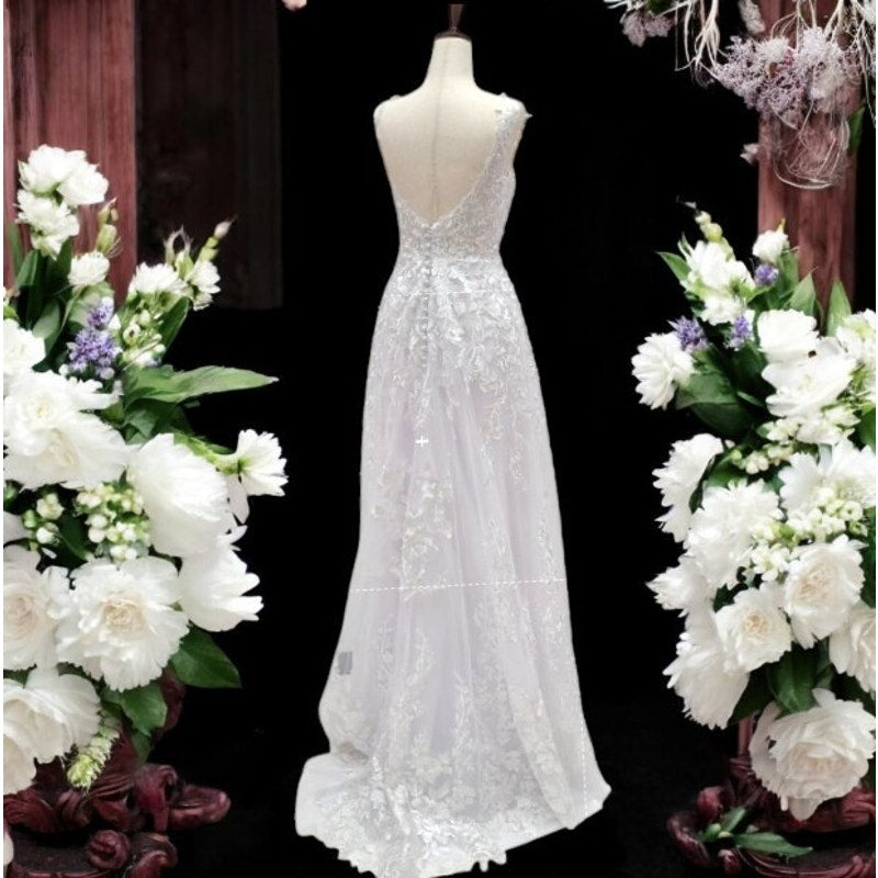 Embroidered A Line Wedding Dress with Deep V Mesh Neckline