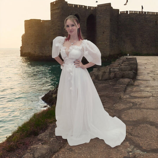 Tulle Ballgown with Puff Sleeves and Decorative Flowers