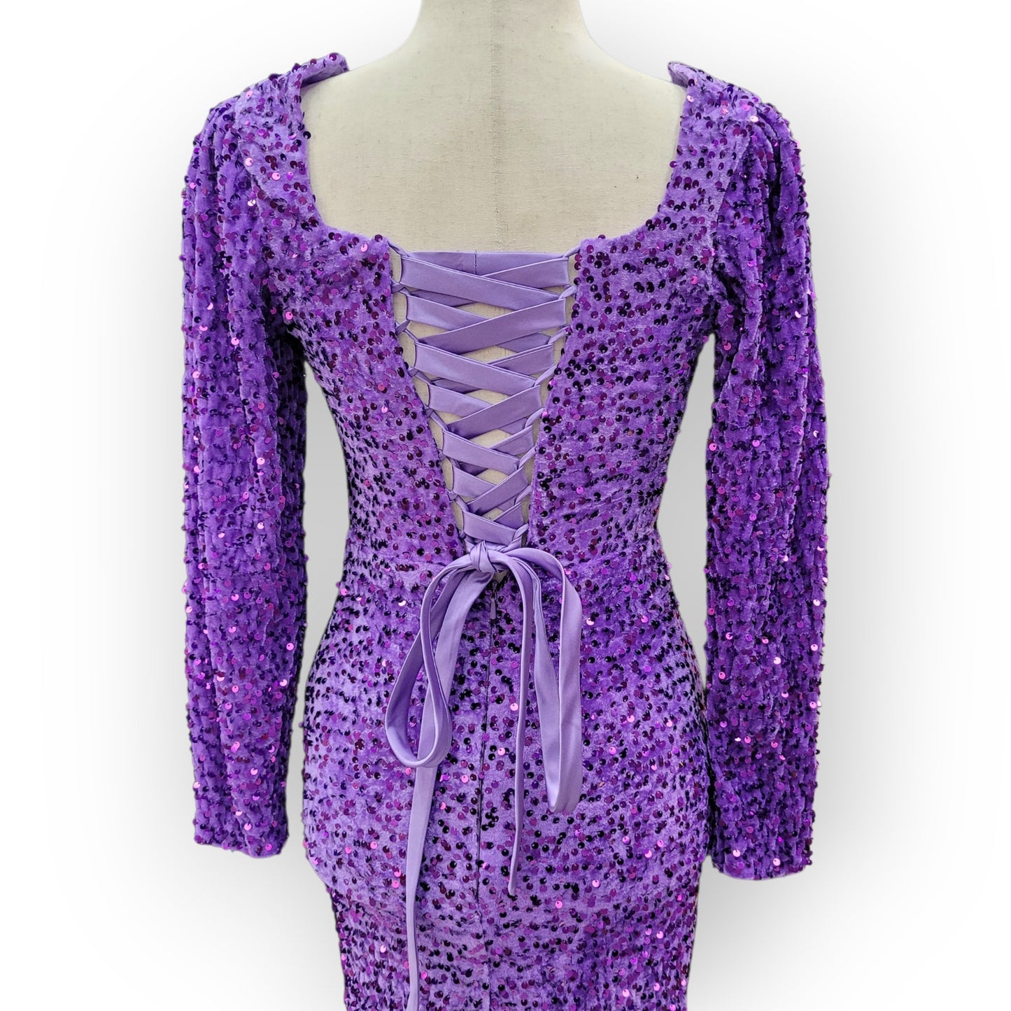 Fitted Long Sleeve Sequin Gown with Leg Slit and Corset Back