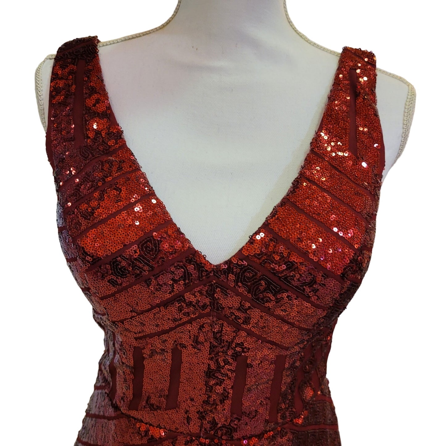 Women's Short Red Sequin Dress with V Neck and Low Back