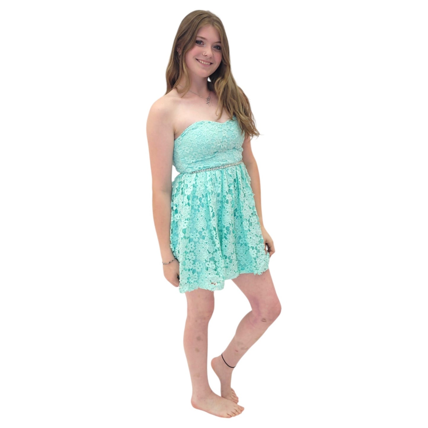 Strapless Turquoise Lace Cocktail Short Dress
