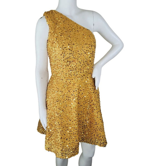 Women's Gold Sequin‎ Dress Short Formal Gown One Shoulder