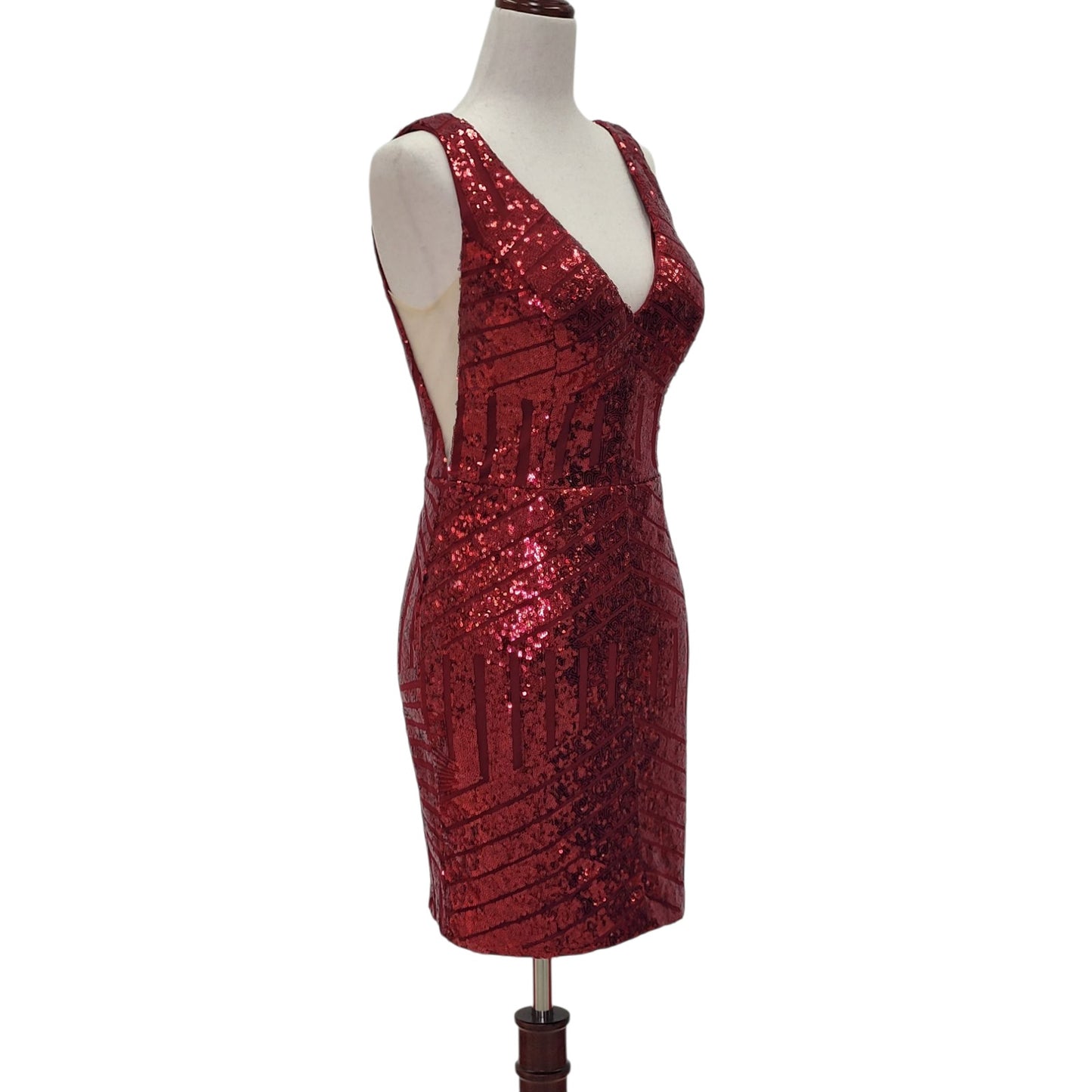 Women's Short Burgundy Sequin Dress with V Neck