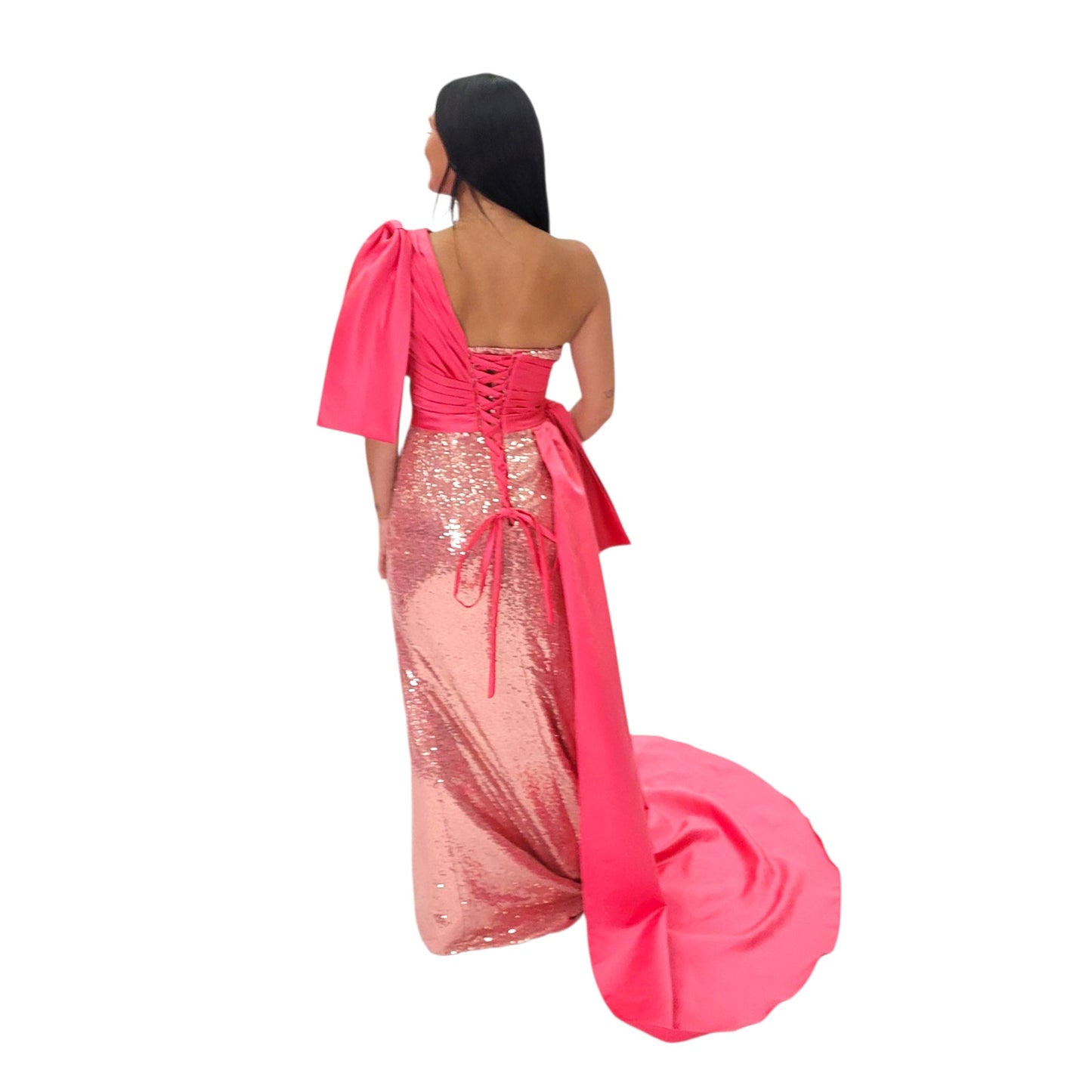 One Shoulder Pink Sequin Evening Gown with Satin Side Train and Oversized Bow on Hip and Shoulder